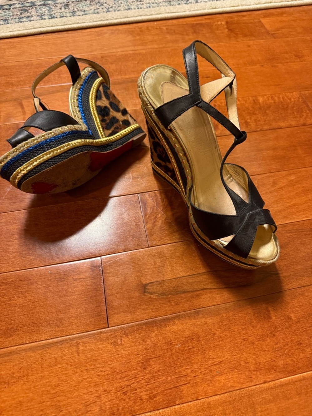 Christian Louboutin Black Leather Leopard-Print Espadrille Wedge Sandals